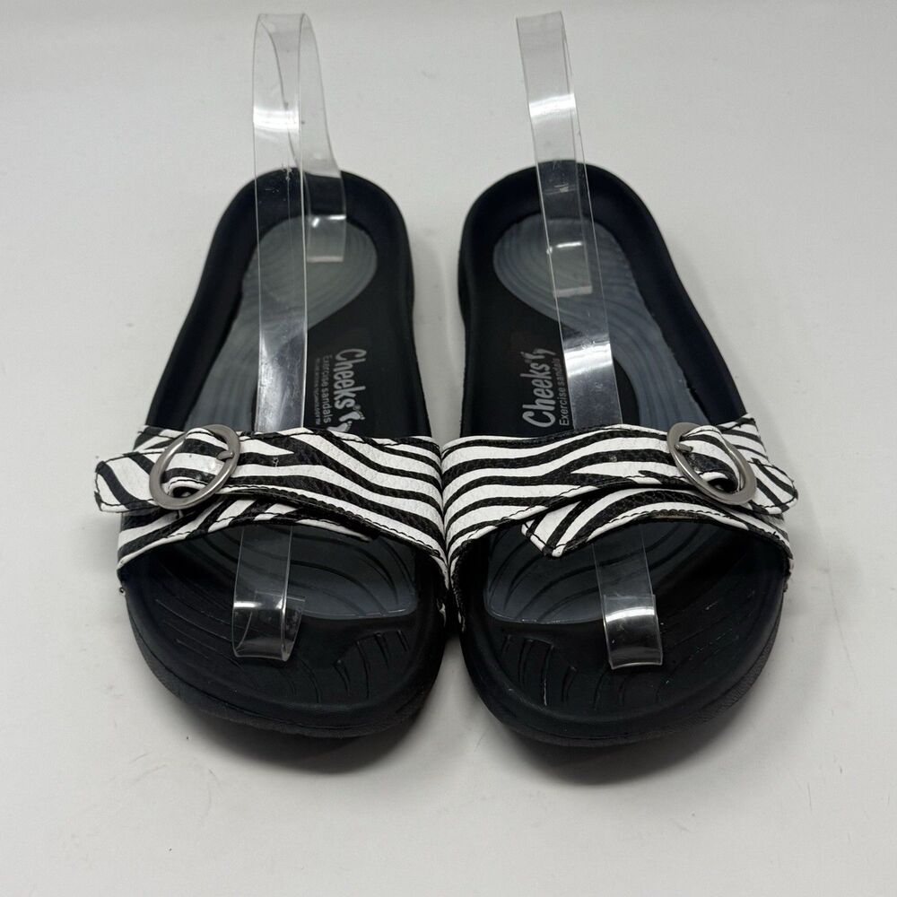 Cheeks Tony Little Exercise Slide Sandals Womens 9 Black White Zebra Striped